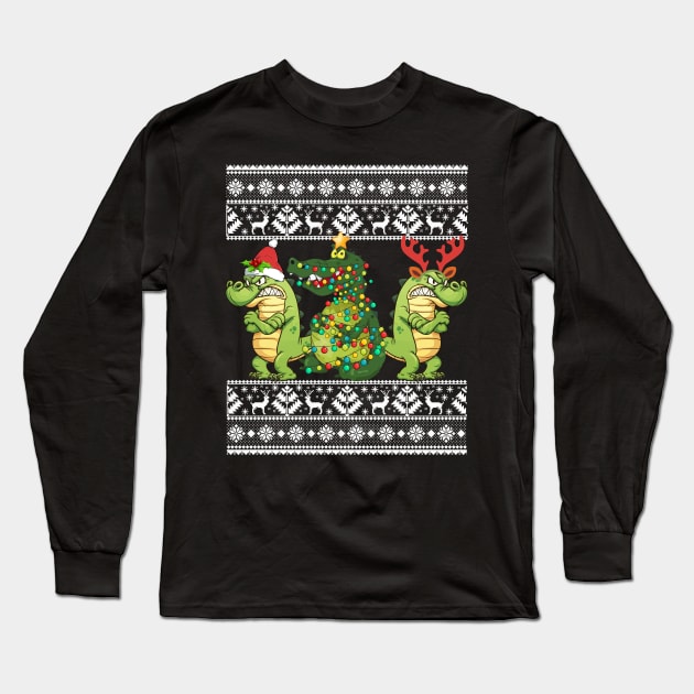 Christmas Three Alligator Crocodile Gift Lights Santa Hat Long Sleeve T-Shirt by franzaled